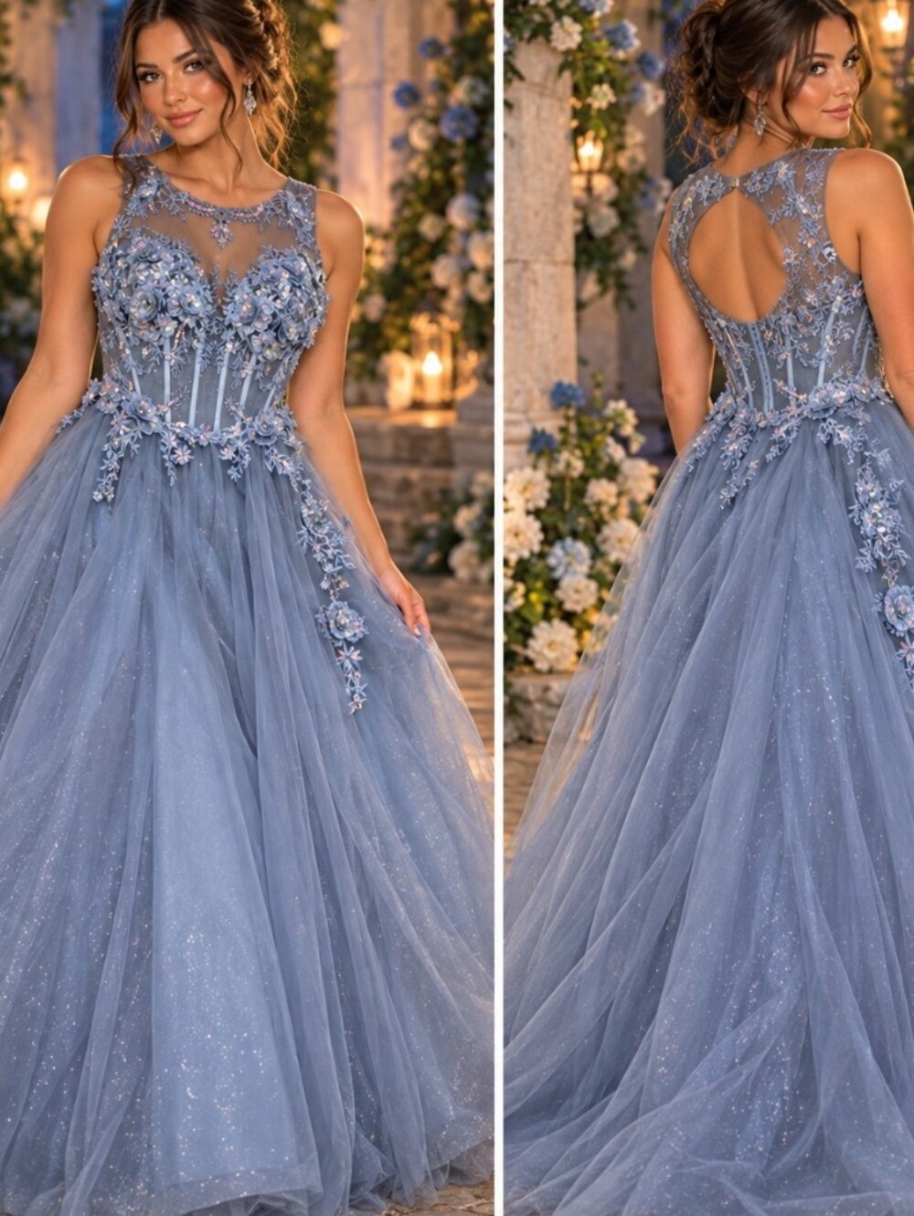 Long A-Line Sleeveless Open Back Tulle Lace Homecoming Prom Dress Dusty Blue 10